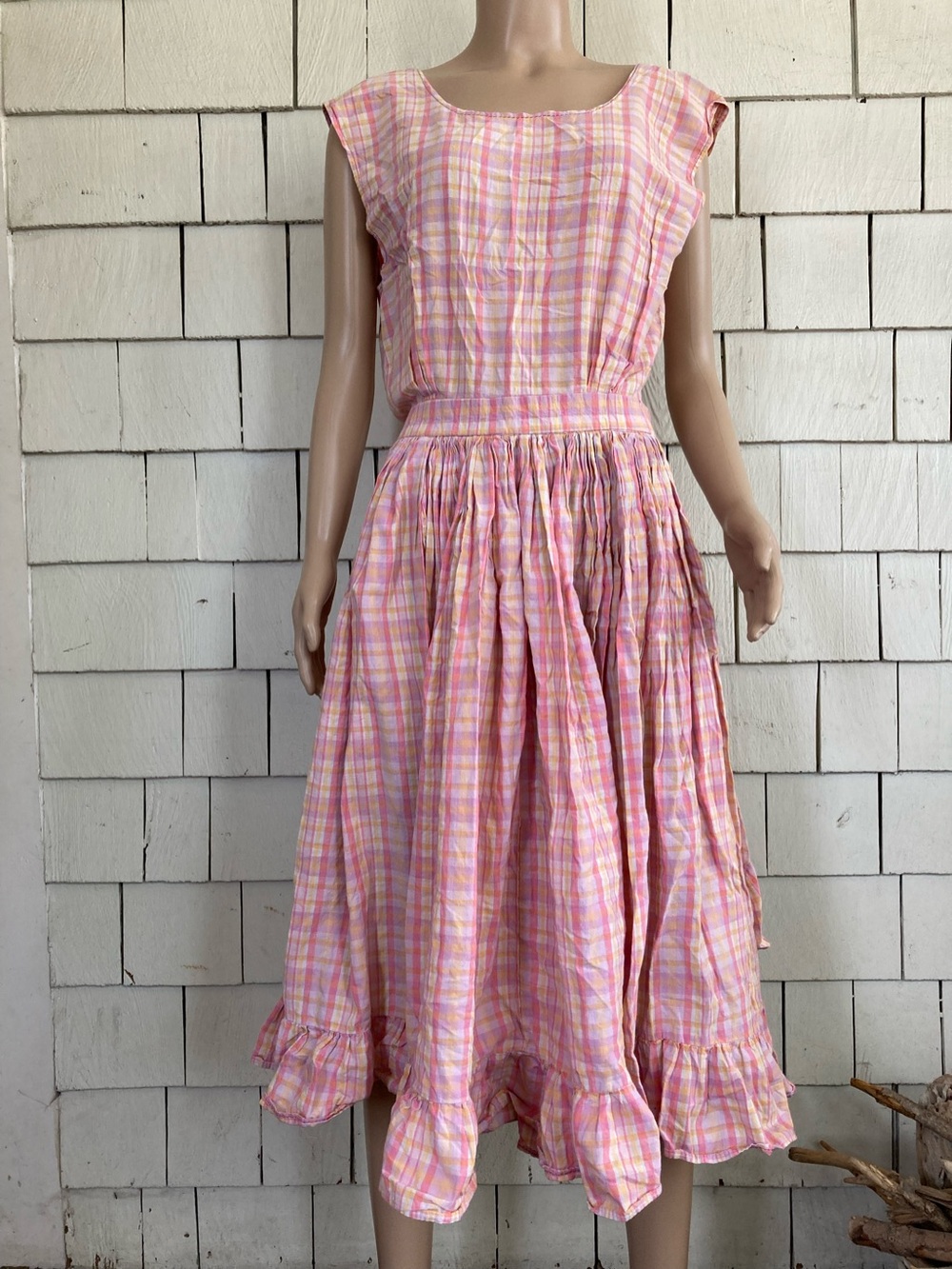 Vintage 1960s Pink, White, and Yellow Plaid Pinafore Apron Size Medium